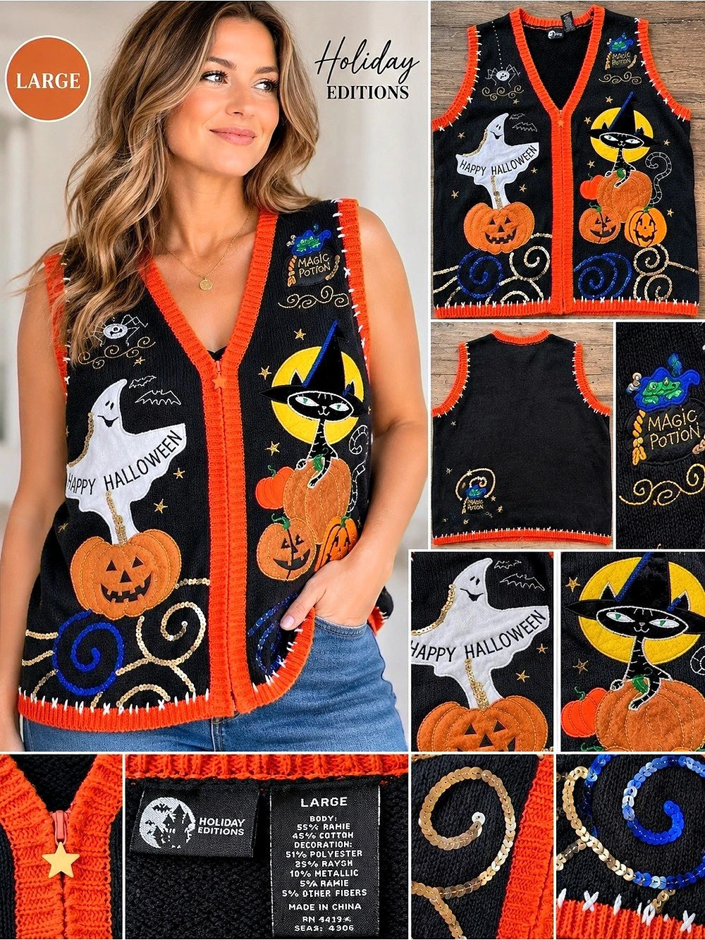 Holiday Editions Halloween Ghost & Cat Embroidered Sequin Vest Black & Orange